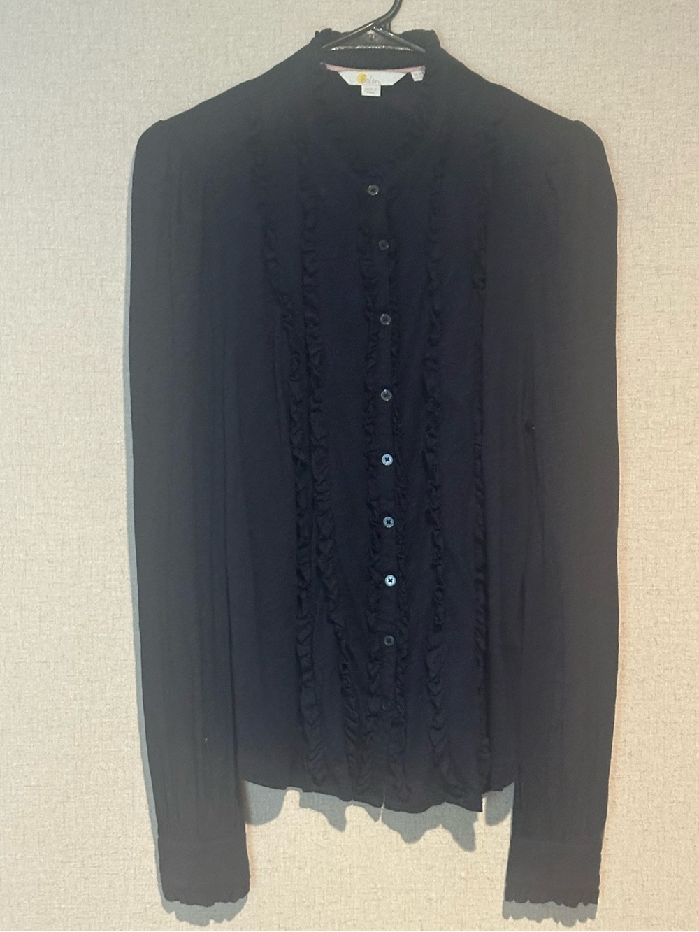 Boden Size 12 Black Ruffled Button-Front Long Sleeve Blouse